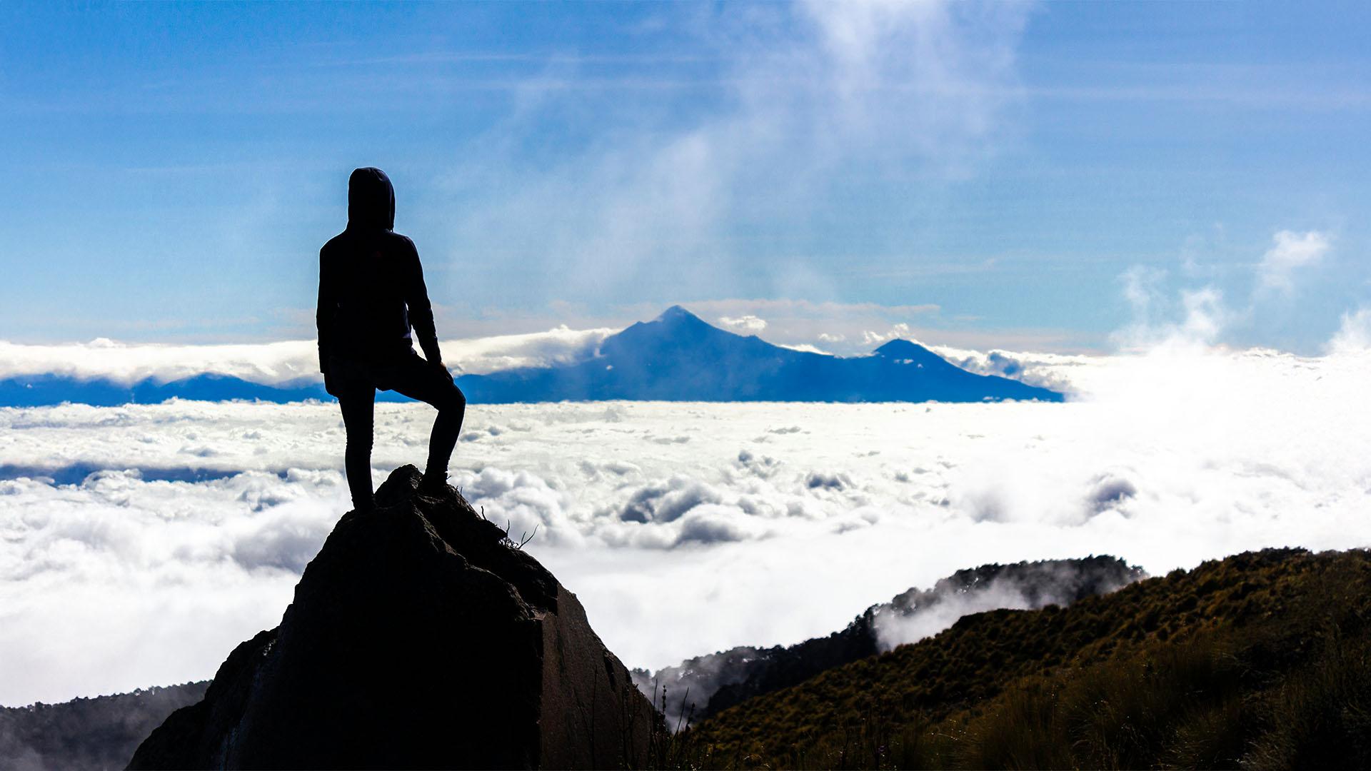 A person standing on top of a mountain as inspiration for an accounting website to achieve your goals