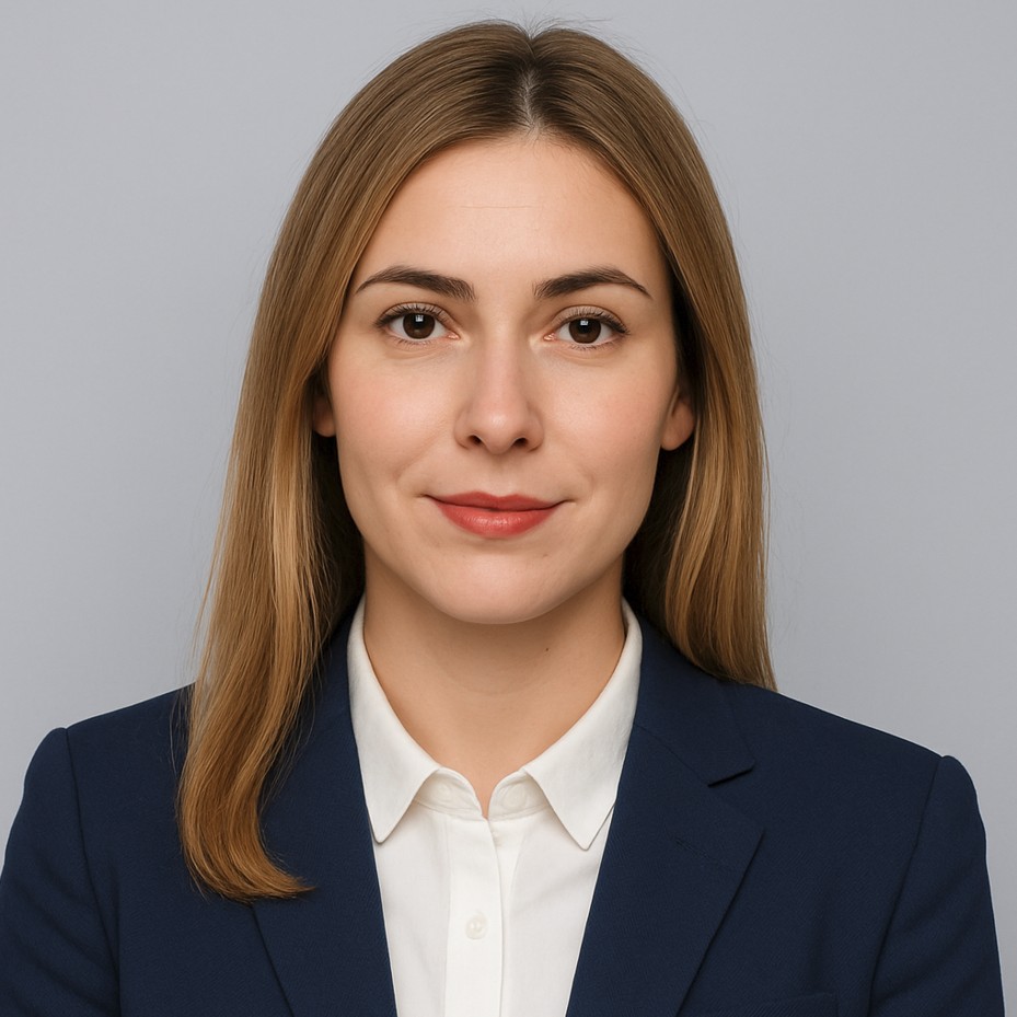 A woman in accounting who is a burnette in a business suit